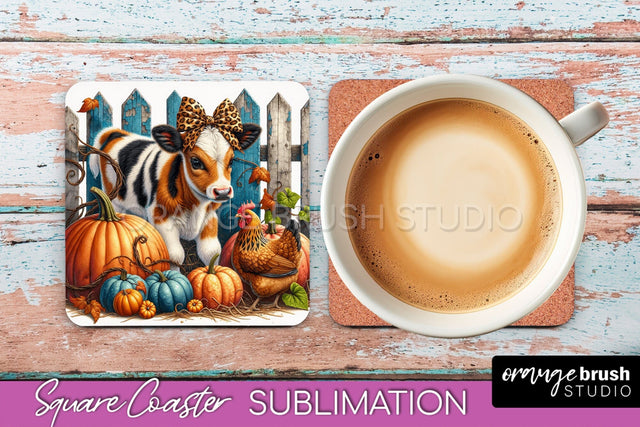 Cow Square Coaster - Fall Coaster Sublimation Design Sublimation OrangeBrushStudio 