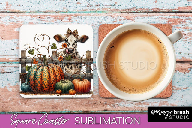 Cow Square Coaster - Fall Coaster Sublimation Design Sublimation OrangeBrushStudio 