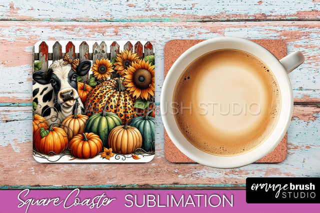 Cow Square Coaster - Fall Coaster Sublimation Design Sublimation OrangeBrushStudio 