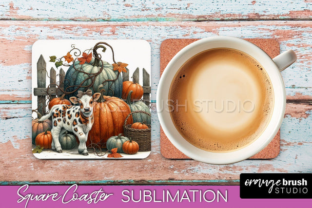 Cow Square Coaster - Fall Coaster Sublimation Design Sublimation OrangeBrushStudio 
