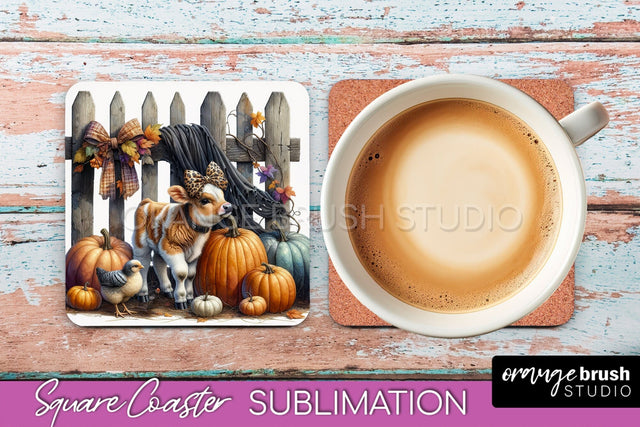 Cow Square Coaster - Fall Coaster Sublimation Design Sublimation OrangeBrushStudio 
