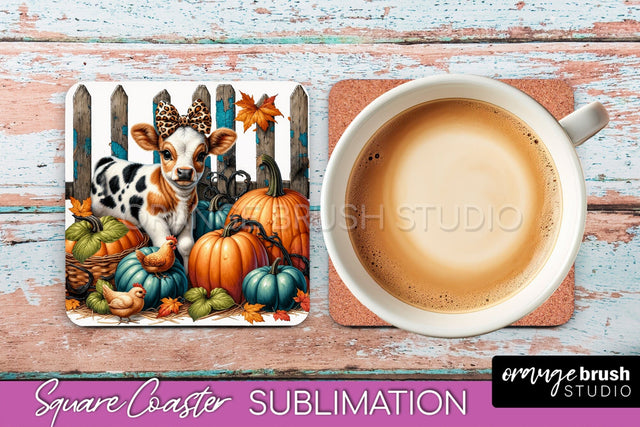 Cow Square Coaster - Fall Coaster Sublimation Design Sublimation OrangeBrushStudio 