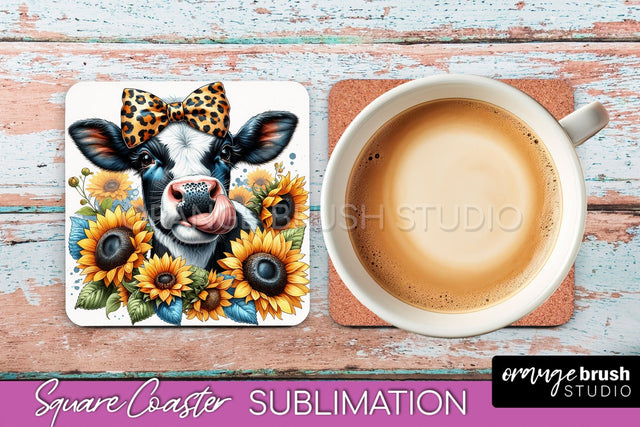 Cow Square Coaster - Fall Coaster Sublimation Design Sublimation OrangeBrushStudio 