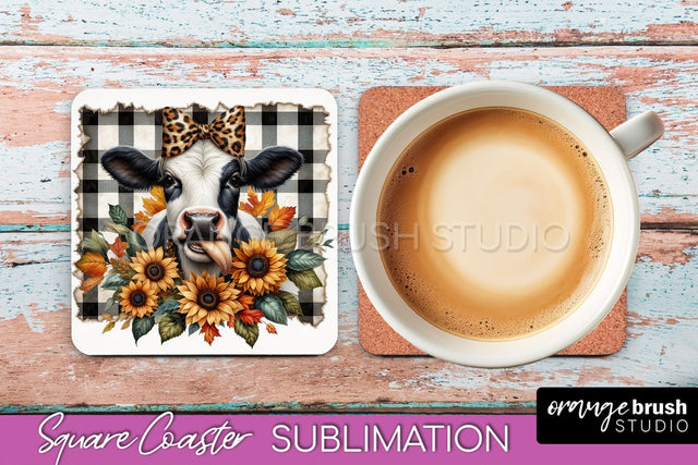 Cow Square Coaster - Fall Coaster Sublimation Design Sublimation OrangeBrushStudio 