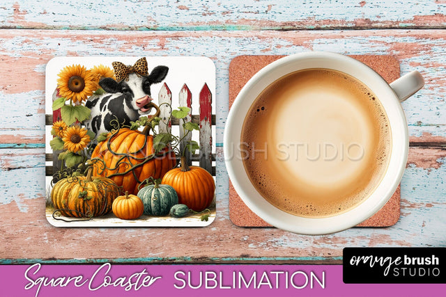 Cow Square Coaster - Fall Coaster Sublimation Design Sublimation OrangeBrushStudio 