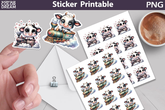 Cow Train Sticker Printable | Cute Cow Sticker Sublimation WatercolorColorDream 