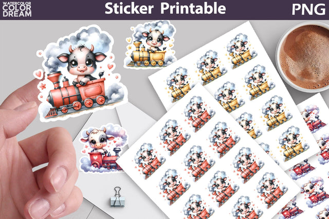 Cow Train Sticker Printable Sublimation WatercolorColorDream 