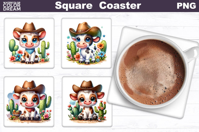 Cow Western Square Coaster | Cute Cowboy Square Coaster Sublimation WatercolorColorDream 