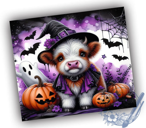 Cow Witch Purple Pumpkins 20oz Skinny Tumbler PNG, Halloween Highland Cow Tumbler Sublimation Wrap, Straight & Tapered Tumbler Wrap, Instant Digital Download Sublimation ToriDesigns 