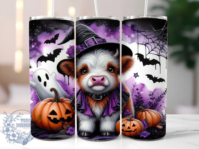 Cow Witch Purple Pumpkins 20oz Skinny Tumbler PNG, Halloween Highland Cow Tumbler Sublimation Wrap, Straight & Tapered Tumbler Wrap, Instant Digital Download Sublimation ToriDesigns 