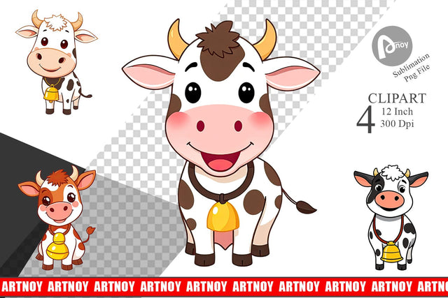 Cow with Bell Clipart Sublimation artnoy 