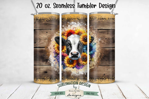 Cow with Colorful Sunflowers 20oz Seamless Tumbler Wrap Sublimation Ewe-N-Me Designs 