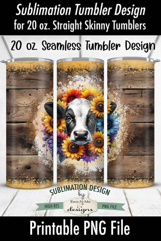 Cow with Colorful Sunflowers 20oz Seamless Tumbler Wrap Sublimation Ewe-N-Me Designs 