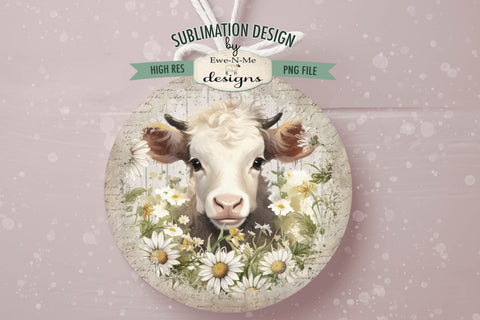 Cow With Daisies Round Sublimation Design Sublimation Ewe-N-Me Designs 