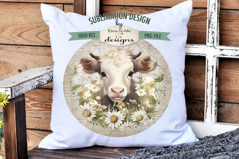 Cow With Daisies Round Sublimation Design Sublimation Ewe-N-Me Designs 