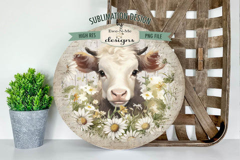 Cow With Daisies Round Sublimation Design Sublimation Ewe-N-Me Designs 