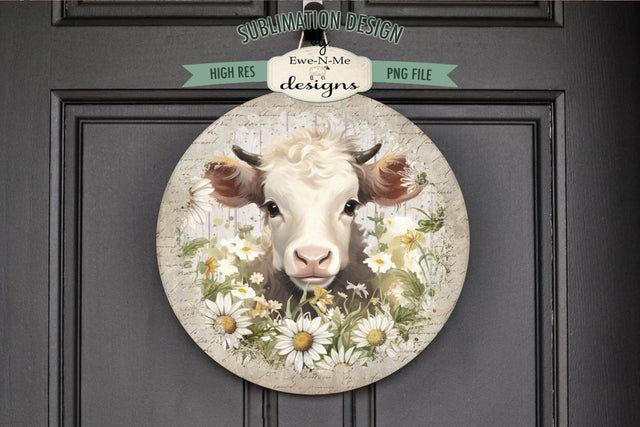 Cow With Daisies Round Sublimation Design Sublimation Ewe-N-Me Designs 