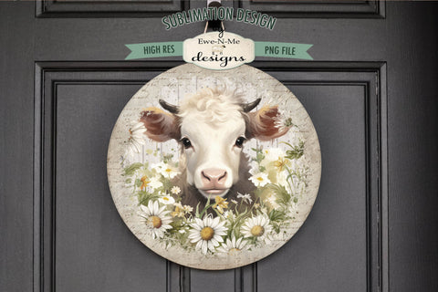 Cow With Daisies Round Sublimation Design Sublimation Ewe-N-Me Designs 