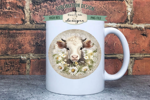 Cow With Daisies Round Sublimation Design Sublimation Ewe-N-Me Designs 