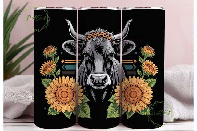 Cow with Sunflowers 20oz Tumbler Wrap Sublimation PixelChick 