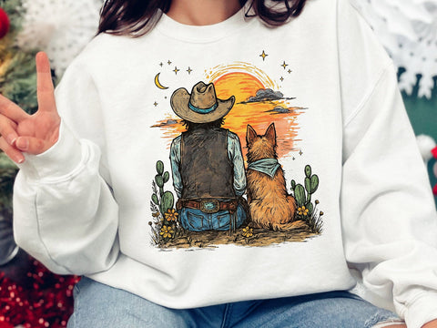 Cowboy and Dog Sunset PNG, Western Desert Sublimation Design SVG DesignDestine 