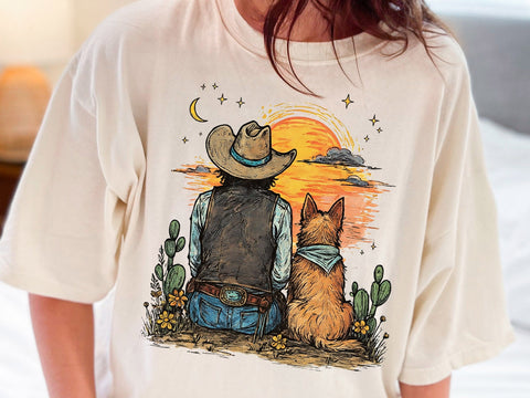 Cowboy and Dog Sunset PNG, Western Desert Sublimation Design SVG DesignDestine 