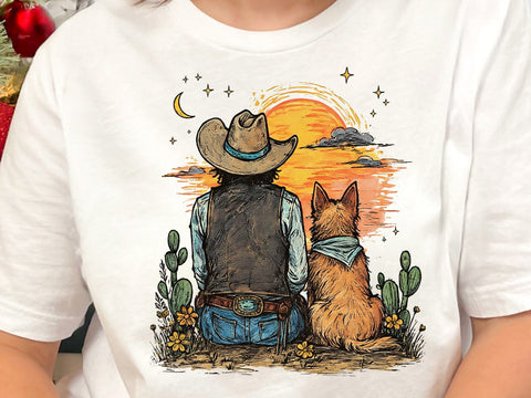 Cowboy and Dog Sunset PNG, Western Desert Sublimation Design SVG DesignDestine 