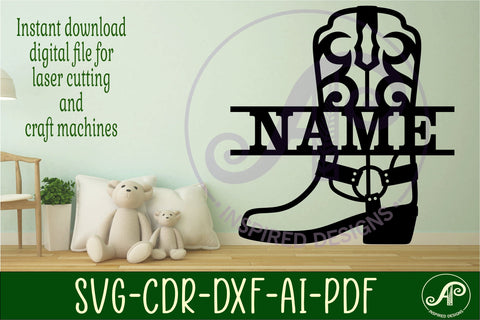 Cowboy boot design name sign svg laser cut template SVG APInspireddesigns 