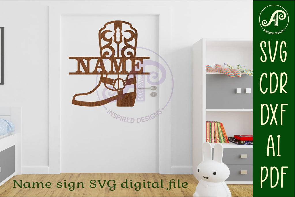 Cowboy boot design name sign svg laser cut template - So Fontsy