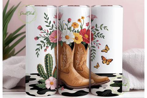 Cowboy Boots Floral 20oz Tumbler Wrap Sublimation PixelChick 