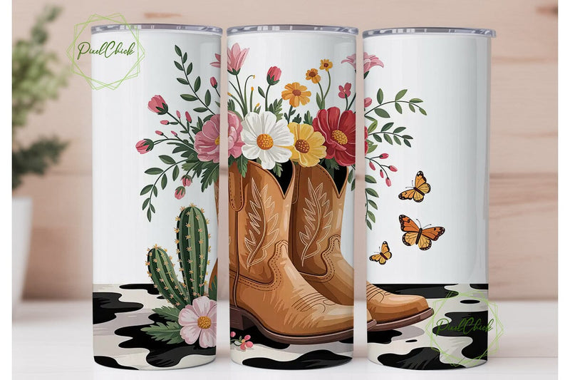 Cowboy Boots Floral 20oz Tumbler Wrap Sublimation PixelChick 