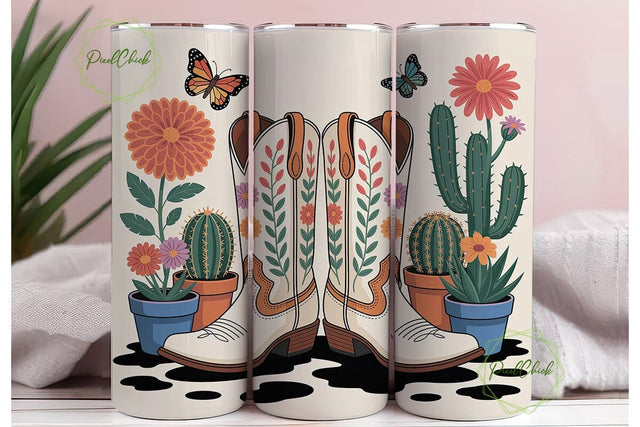 Cowboy Boots Floral Cactus Tumbler Wrap Sublimation PixelChick 