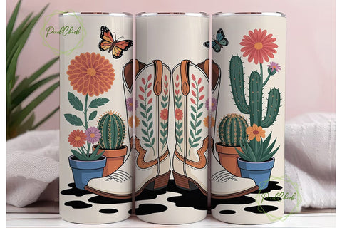 Cowboy Boots Floral Cactus Tumbler Wrap Sublimation PixelChick 