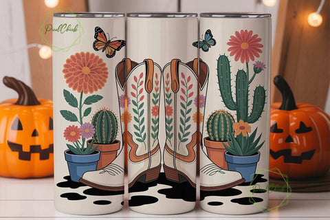 Cowboy Boots Floral Cactus Tumbler Wrap Sublimation PixelChick 