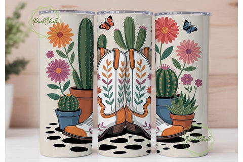 Cowboy Boots Floral Cactus Tumbler Wrap Sublimation PixelChick 