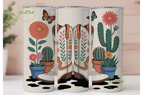 Cowboy Boots Floral Cactus Tumbler Wrap Sublimation PixelChick 