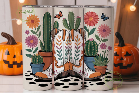 Cowboy Boots Floral Cactus Tumbler Wrap Sublimation PixelChick 