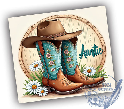 Cowboy Boots Hat 20oz Skinny Tumbler PNG, Auntie Cowgirl Tumbler Sublimation Wrap, Straight & Tapered Tumbler Wrap, Instant Digital Download Sublimation ToriDesigns 