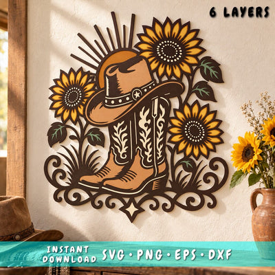 Cowboy Boots Sunflower 3D SVG | Western Laser Cut File | 6 Layer Cowgirl Boots SVG | Cowboy Hat DXF | Layered Farmhouse Wall Art 3D Paper HappyDesignStudio 