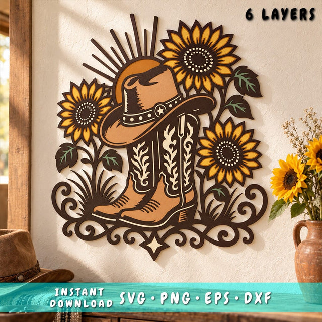 Cowboy Boots Sunflower 3D SVG | Western Laser Cut File | 6 Layer Cowgirl Boots SVG | Cowboy Hat DXF | Layered Farmhouse Wall Art 3D Paper HappyDesignStudio 