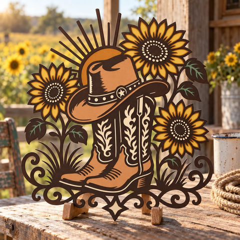 Cowboy Boots Sunflower 3D SVG | Western Laser Cut File | 6 Layer Cowgirl Boots SVG | Cowboy Hat DXF | Layered Farmhouse Wall Art 3D Paper HappyDesignStudio 
