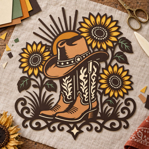 Cowboy Boots Sunflower 3D SVG | Western Laser Cut File | 6 Layer Cowgirl Boots SVG | Cowboy Hat DXF | Layered Farmhouse Wall Art 3D Paper HappyDesignStudio 