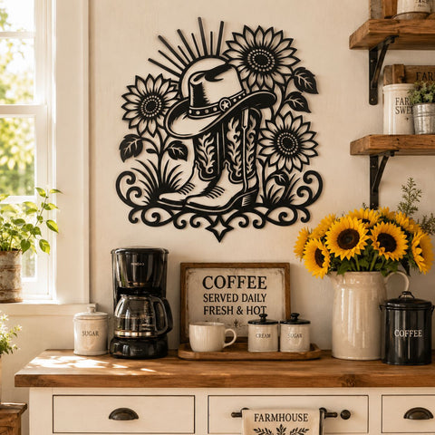 Cowboy Boots & Sunflowers Laser SVG, Western Floral Metal Wall Art DXF, Cowgirl Hat CNC Cut File, Plasma Cutting Svg, Rustic Farmhouse Decor SVG HappyDesignStudio 
