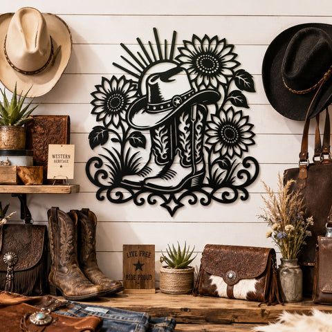 Cowboy Boots & Sunflowers Laser SVG, Western Floral Metal Wall Art DXF, Cowgirl Hat CNC Cut File, Plasma Cutting Svg, Rustic Farmhouse Decor SVG HappyDesignStudio 