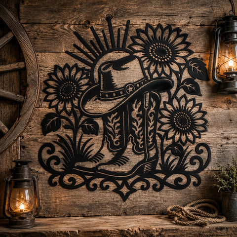 Cowboy Boots & Sunflowers Laser SVG, Western Floral Metal Wall Art DXF, Cowgirl Hat CNC Cut File, Plasma Cutting Svg, Rustic Farmhouse Decor SVG HappyDesignStudio 