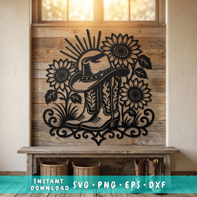 Cowboy Boots & Sunflowers Laser SVG, Western Floral Metal Wall Art DXF, Cowgirl Hat CNC Cut File, Plasma Cutting Svg, Rustic Farmhouse Decor SVG HappyDesignStudio 