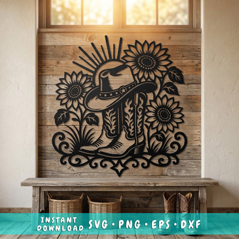 Cowboy Boots & Sunflowers Laser SVG, Western Floral Metal Wall Art DXF, Cowgirl Hat CNC Cut File, Plasma Cutting Svg, Rustic Farmhouse Decor SVG HappyDesignStudio 