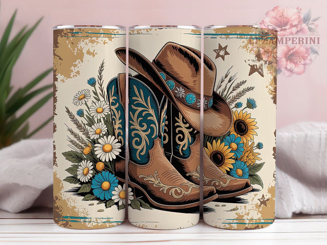 Cowboy Boots Western Rustic 20oz Tumbler, Turquoise Brown, Western Style, Embroidered Patterns, Rustic Design, 20oz Tumbler Wrap, Sublimation PNG Sublimation Li Zamperini 