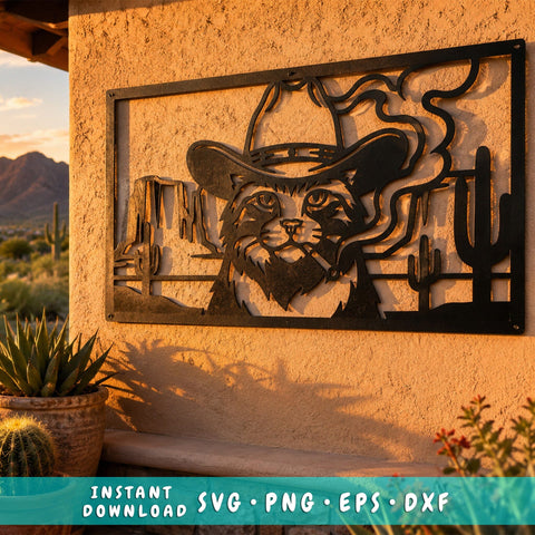 Cowboy Cat Metal Wall Art SVG, Western Cat Dxf File, Desert Cowboy Kitty Plasma CNC Cut File, Rustic Ranch Decor SVG, Laser Cut Metal Art SVG HappyDesignStudio 