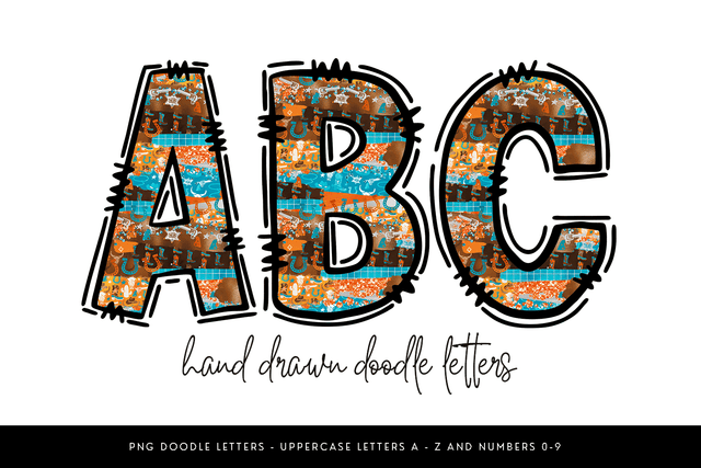 Cowboy Doodle Alpha PNG, Western Alphabet Sublimation BijouBay 